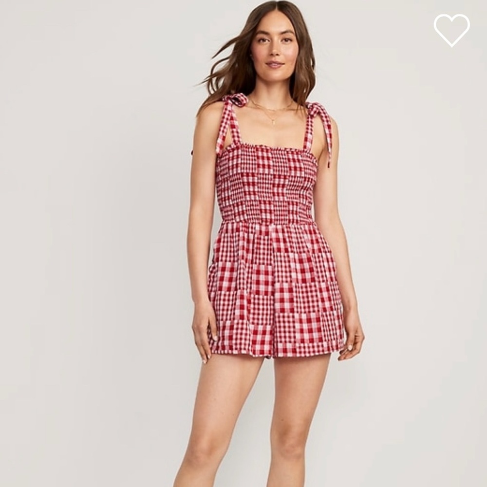 Gingham Tie-Shoulder Smocked Romper-- 3-inch inseam